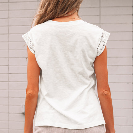 White Lace Patchwork Cap Sleeve Round Neck T Shirt