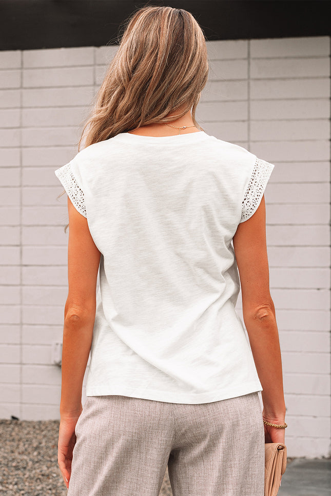 White Lace Patchwork Cap Sleeve Round Neck T Shirt