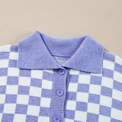 Purple Checkered Collared Buttons Plus Size Sweater