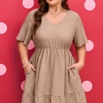 Dark Khaki Plus Size Textured Ruffled Short Sleeve Dress