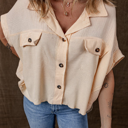 Beige Waffle Splicing Short Batwing Sleeve Flap Detail Shirt