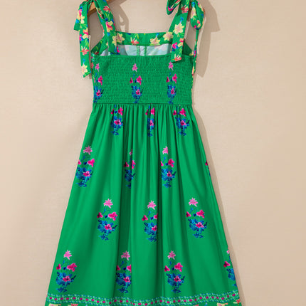 Green Floral Print Contrast Trim Knotted Straps Midi Dress