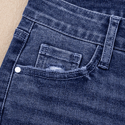 Real Teal Folded Cuffs Distressed Straight High Waist Jeans