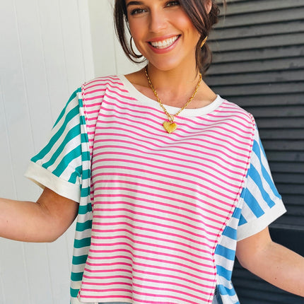 Pink Stripe Mixed Pattern Patchwork Uneven Hem Loose Tee