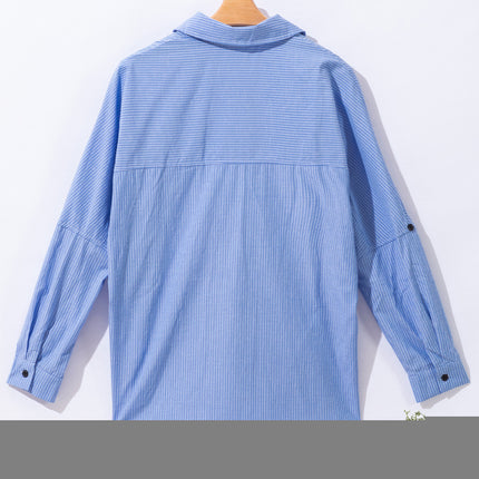 Sky Blue Stripe Roll-tab Sleeve Pocketed Long Shirt