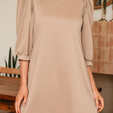Light French Beige Braided Trim Puff Sleeve Dress