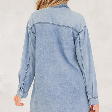 Beau Blue Chest Pocket Raw Hem Denim Loose Shirt Dress