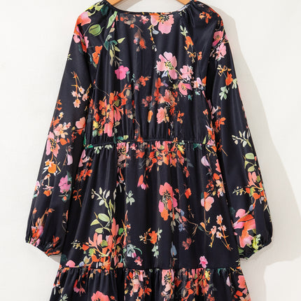 Black Plus Size Floral Print Tie Neck Cinched Waist Long Sleeve Mini Dress