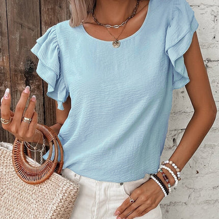 Mist Blue Solid Color Ruffled Short Sleeve Casual Blouse