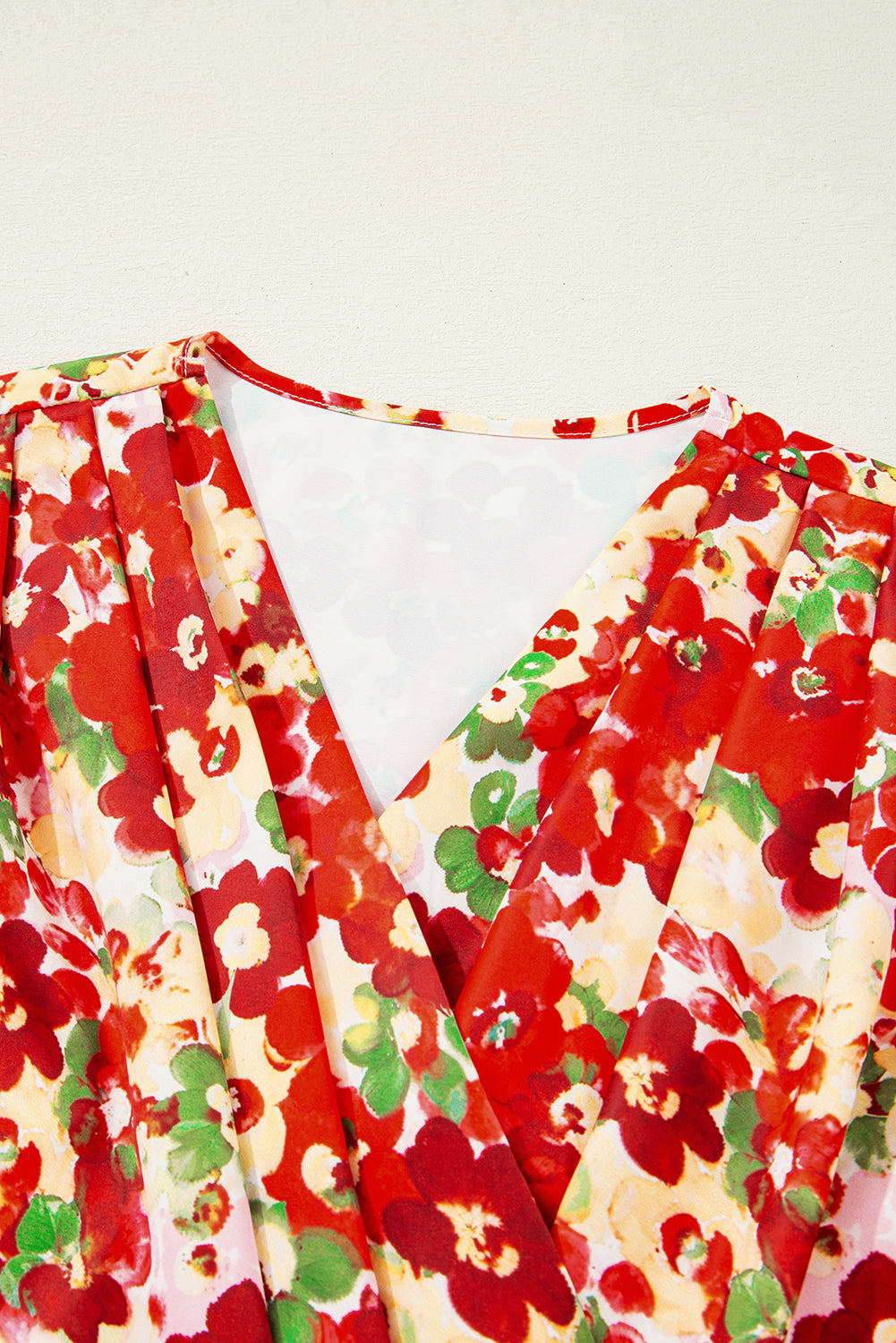 Red Floral Bubble Sleeve Pleated V Neck Wrap Blouse