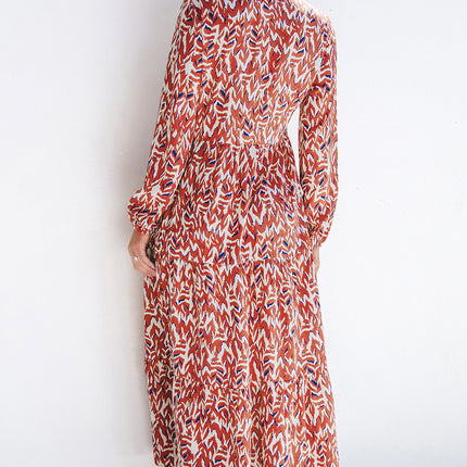 Orange Abstract Print V Neck Pleated High Waist Midi Dress