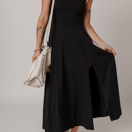 Black Sleeveless Scoop Neck Flared Split Midi Dress