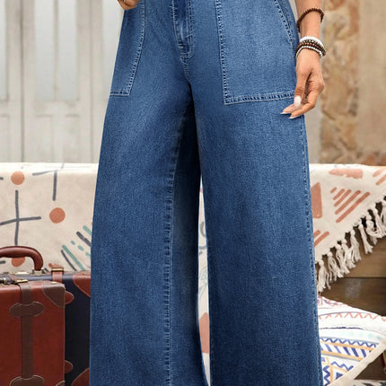 Sail Blue Plus Size Elastic Waist Ruffled Wide Leg Denim Pants