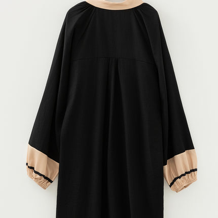 Black Plus Size Color Block Striped Trim V Neck Long Sleeve Shift Mini Dress