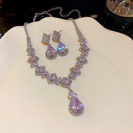 Zircon Diamond-Shaped Teardrop Earrings And Necklace Set