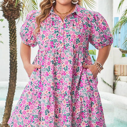 Pink Plus Size Floral Half Button Short Puff Sleeve A-line Dress