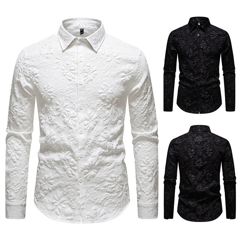 Men's Floral Long Sleeve Shirt Fashion Jacquard Loose-fitting Plus Size Tops