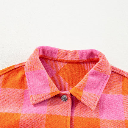 Orange Plaid Chest Pockets Button-up Turn Down Collar Jacket