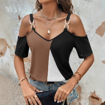 V-neck Color-block Knitted Backless Loose Short-sleeve Camisole T-shirt Top