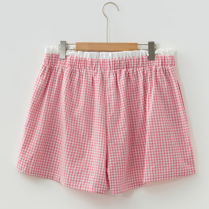 Pink Contrast Trim Plaid Print Plus Size Shorts