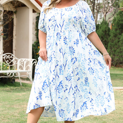 Sky Blue Floral Print Sweetheart Neck Plus Size Midi Dress