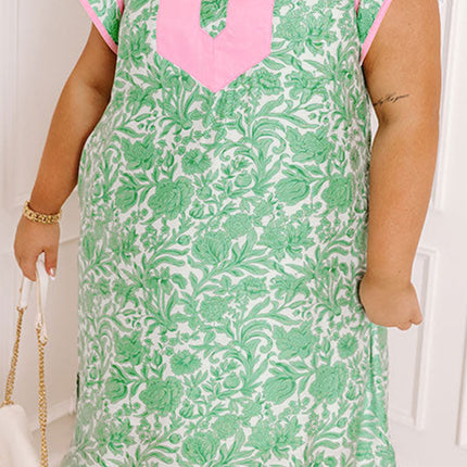 Green Plus Size Contrast Trim Flutter Sleeve Floral Kaftan Maxi Dress