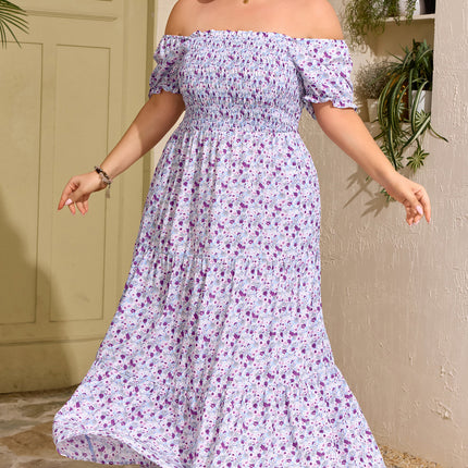 Purple Plus Size Floral Print Square Neck Smocked Maxi Dress