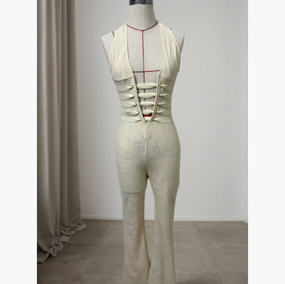 Sexy Lace Trousers Deep V Bandage Lace-up Halter Jumpsuit