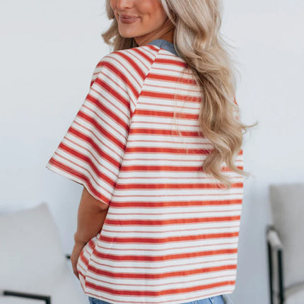 Tomato Red Stripe Print Contrast Collar Raglan Sleeve T Shirt