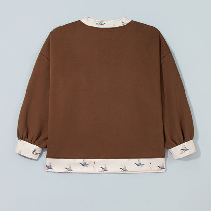 Coffee Plus Size Embroidered Trim Mallard Patch Contrast Trim Crewneck Sweatshirt