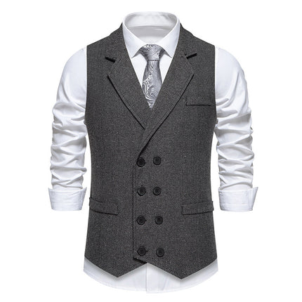 Men's Herringbone Tweed Suit Vest Retro Lapels Double Breasted Vest