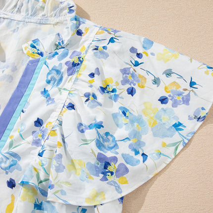 Sky Blue Floral Print Frilled Notched V Neck Blouse