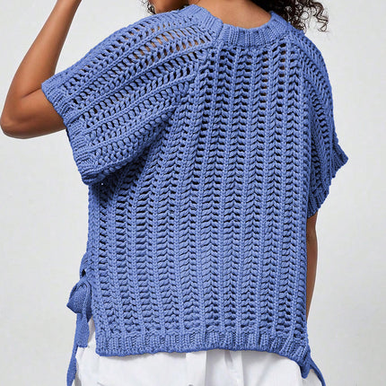 Apricot Plus Size Open Knit Bow Tie Short Sleeve Sweater
