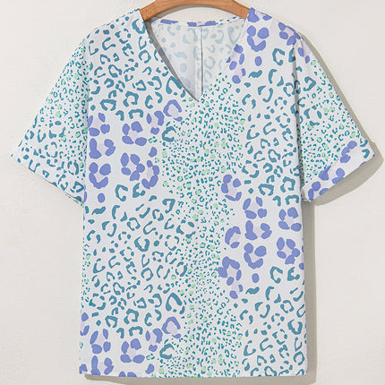 Sky Blue Mixed Leopard Print V Neck Short Sleeve Blouse