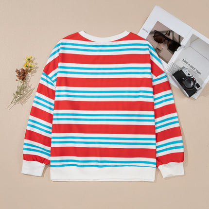 Red Stripe Striped Colorblock Long Sleeve Round Neck Tunic Plus Size Sweatshirt