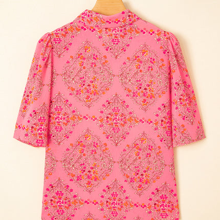Rose Red Floral Print Wide Short Sleeve Loose Shirt