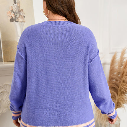 Wisteria Plus Size Striped Trim Drop Shoulder Knit Loose Sweater