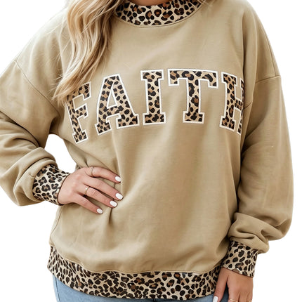 Parchment Plus Size Leopard Trim Mock Neck FAITH Graphic Sweatshirt