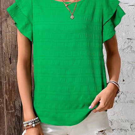 Dark Green Textured Ruffled Sleeve Round Neck Top