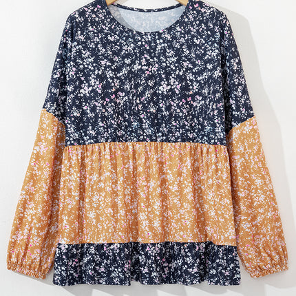 Blue Floral Color Block Patchwork Ruffled Hem Round Neck Blouse