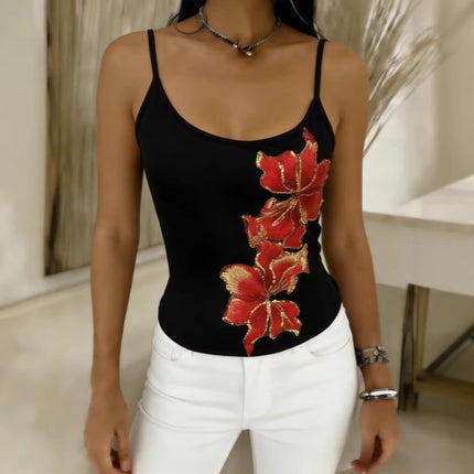Chic Slim-Fit Solid-Color Beaded Embroidery Camisole
