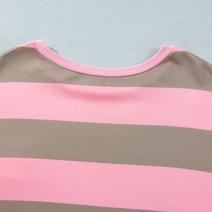 Pink Stripe Raw Seam Patchwork Drop Shoulder Plus Size Sweatshirt