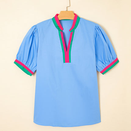 Sky Blue Contrast Striped V Neck Collision Short Puff Sleeve Blouse