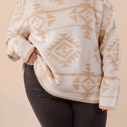 Apricot Plus Size Western Aztec Print Loose Sweater
