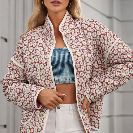 Pink Floral Print Contrast Edge Pocketed Stand Neck Jacket