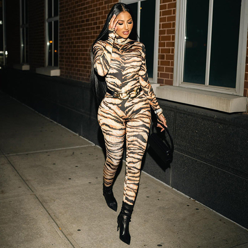 Women's Sexy Tiger Pattern Positioning Printed Turtleneck Jumpsuit