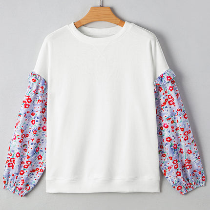 White Floral Ruffled Balloon Sleeve Patchwork Loose Blouse