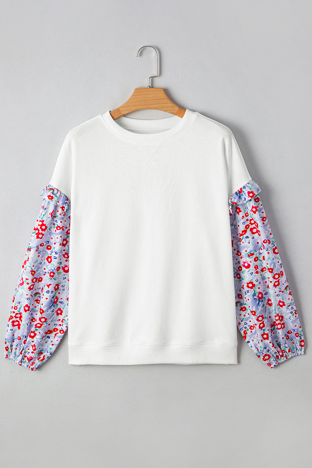 White Floral Ruffled Balloon Sleeve Patchwork Loose Blouse