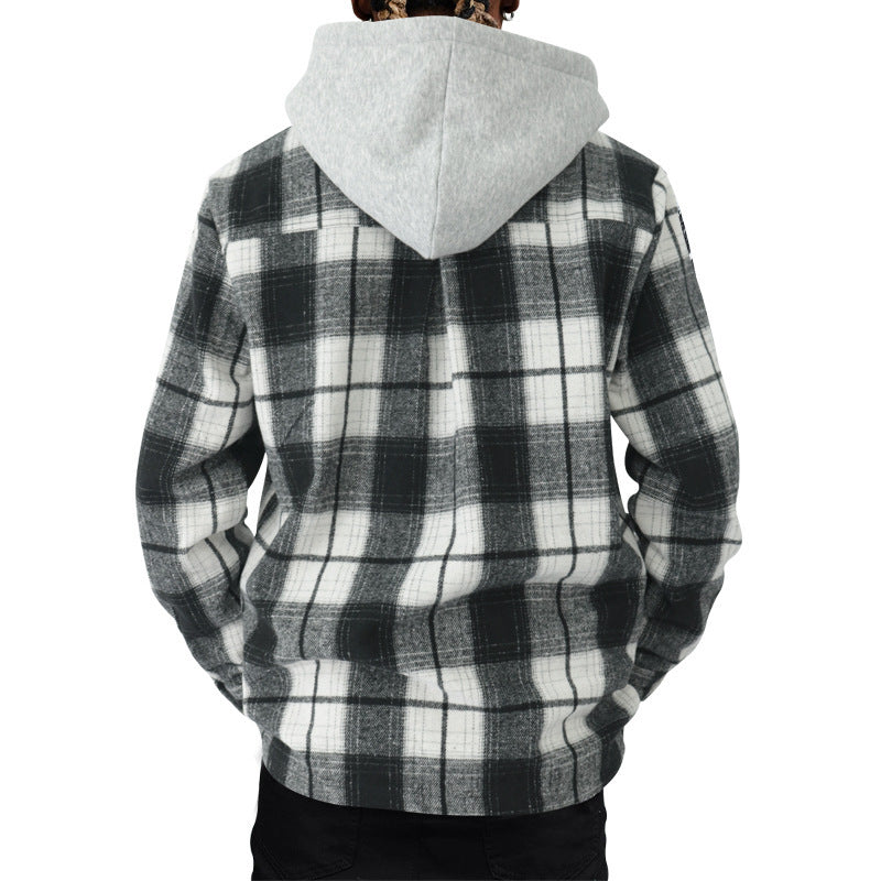 Loose Casual Flannel Jacquard Long Sleeve Hooded Plaid Shirt