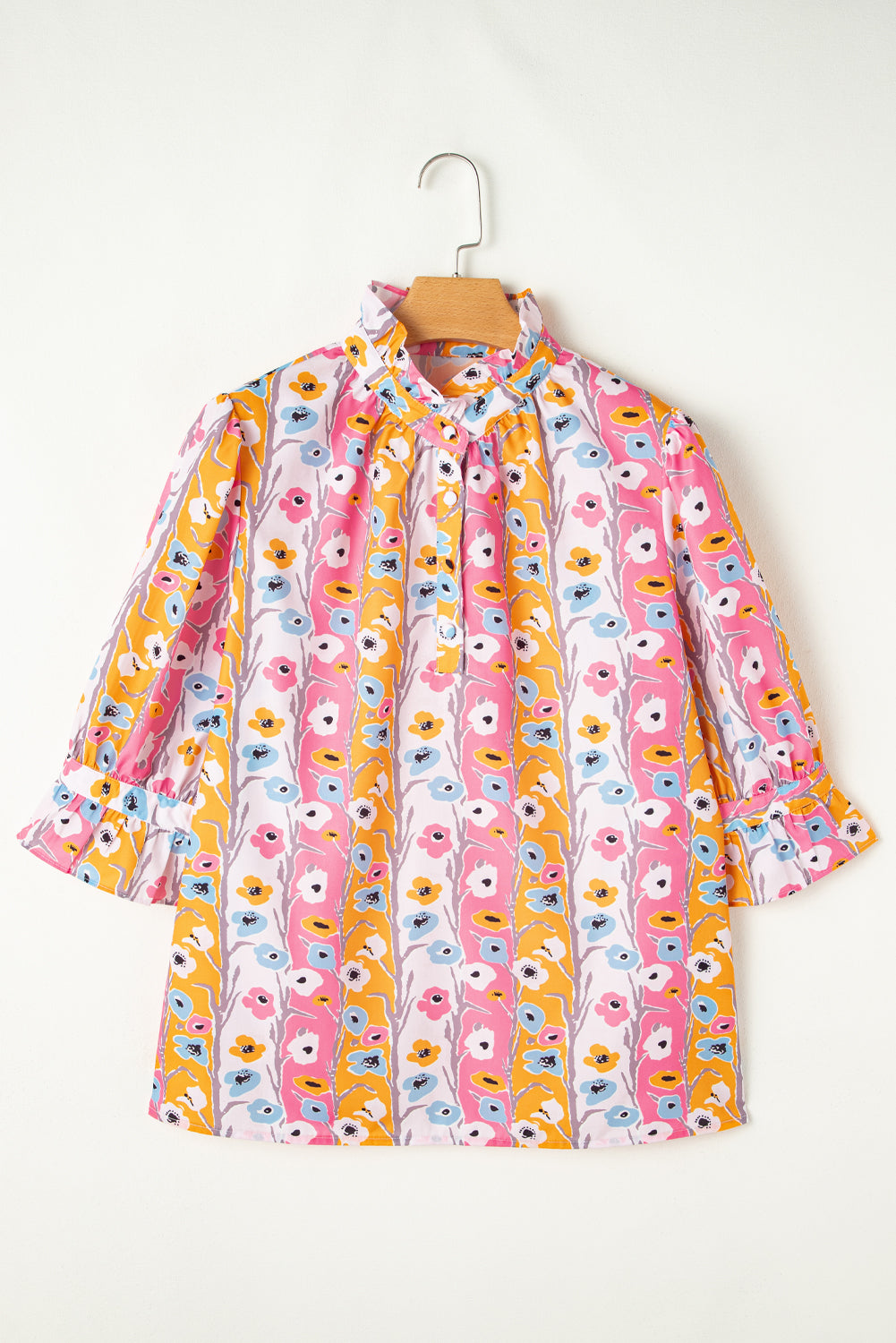 Pink Floral Ruffled Collar Bracelet Sleeve Plus Size Blouse Top